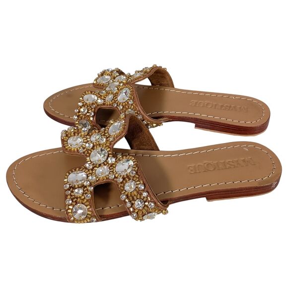 Mystique Sandals 6 Womens Brown Leather Flat Comfort Slip On Casual Jeweled - Picture 5 of 9